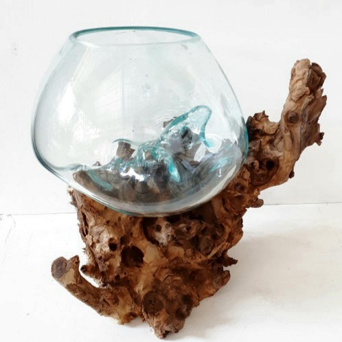 Blown Melted Bali Glass on Wood Vase